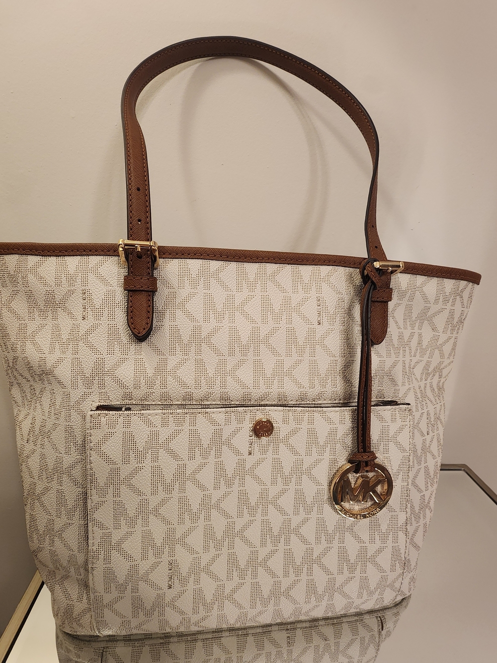 Michael Kors Signature Logo Tote with Tan Leather Trim
